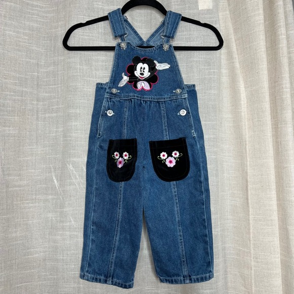 Mickey & Co Other - Y2K Vintage Disney Mickey Mouse Denim Overalls Floral Embroidered Velvet Size 2T